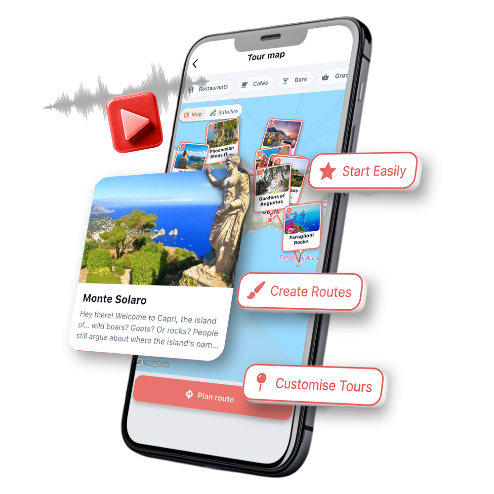 Wingman app interface showing city walking tour features