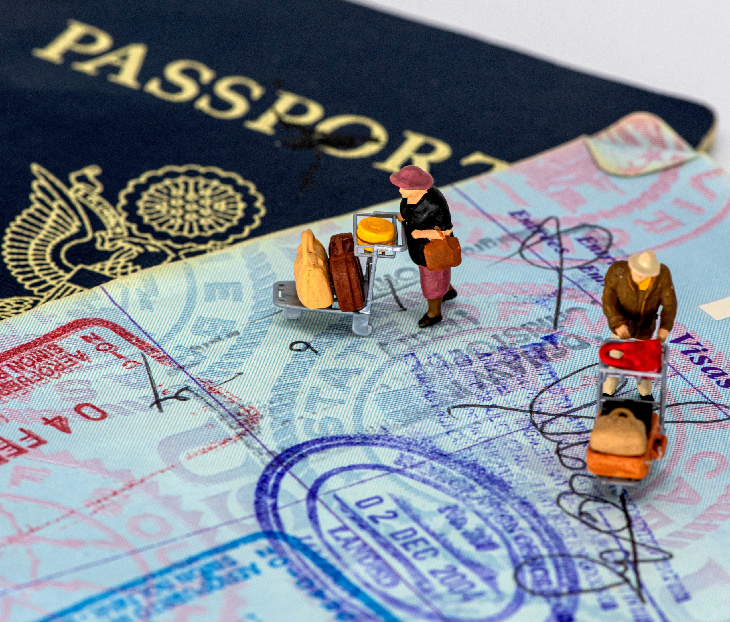 Passport pages with travel stamps